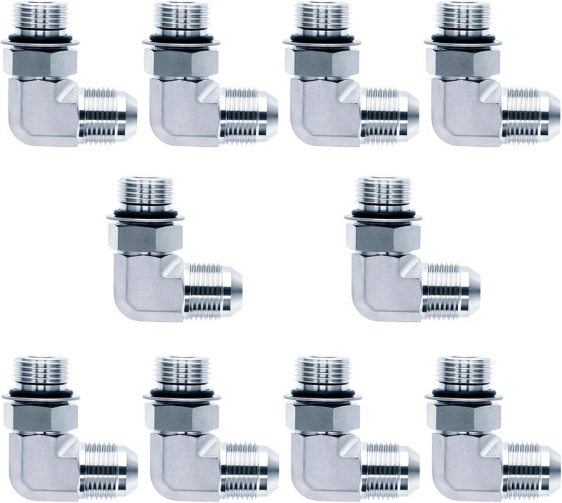 AKM 90 Degree Elbow Straight Hydraulic Hose Adapter Fittings, 6801-06-06 3/8" Male JIC (9/16"-18 thread) x 3/8" Male ORB (9/16"-18 thread) Connectors x 10 pack - Image 1